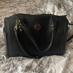 Black Leather Satchel Handbag with Gold Emblem - Unbranded
